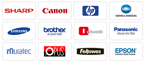 Marki urządzeń biurowych: Sharp, Canon, HP, Konica Minolta, Samsung, Brother, Olivetti, Panasonic, Muratec, OPUS,  Fellowes, Epson